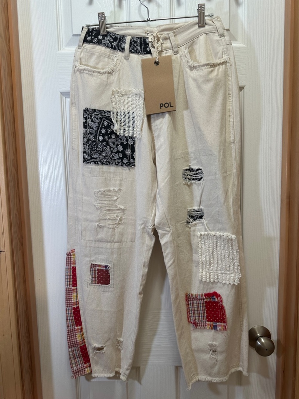NWT Women’s POL Ivory Cream Patchwork Jeans with Black Bandana & Red Plaid